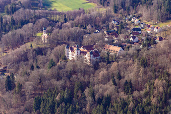 Aerial view of Castle and Chapel of the Immaculate Conception in Eurasburg in the state Bavaria, Germany
