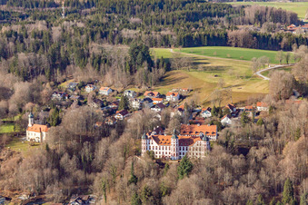 Oblique view of Castle and Chapel of the Immaculate Conception in Eurasburg in the state Bavaria, Germany