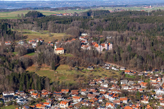 Castle and Chapel of the Immaculate Conception in Eurasburg in the state Bavaria, Germany from above