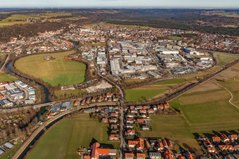 Aerial view of Industrial area Raiffeisenstr in Wolfratshausen in the state Bavaria, Germany