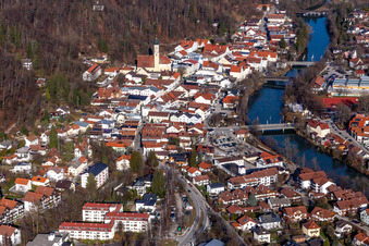 Aerial view of Old town on the Loisach in Wolfratshausen in the state Bavaria, Germany