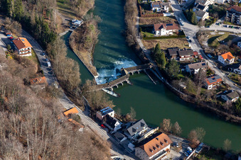 Raft slide at the Kastenmühlwehr of the Loisach in Wolfratshausen in the state Bavaria, Germany