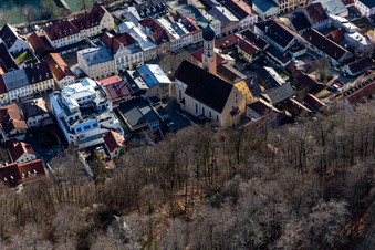Old town with St. Andreas Church, Obermarkt on the Loisa bank with Sebastiani-Steg, Andreas Bridge in Wolfratshausen in the state Bavaria, Germany