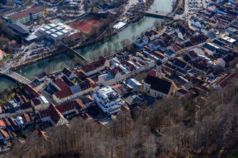 Aerial view of Old town with St. Andreas Church, Obermarkt on the Loisa bank with Sebastiani-Steg, Andreas Bridge in Wolfratshausen in the state Bavaria, Germany