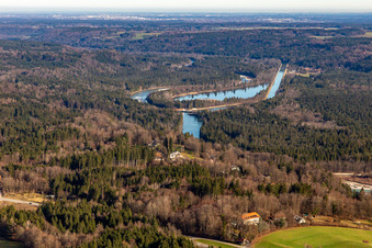 Aerial view of Icking weir and pond between Mühltalkanal and Isarkanal in the district Ergertshausen in Egling in the state Bavaria, Germany