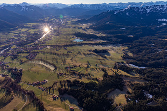 Aerial photograpy of Sunrise over the Isar Valley in Lenggries in the state Bavaria, Germany