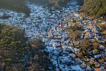 Aerial view of The Sleeping Beauty of the Palatinate in winter with snow in Dörrenbach in the state Rhineland-Palatinate, Germany