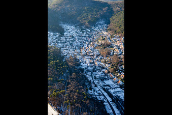 Aerial photograpy of The Sleeping Beauty of the Palatinate in winter with snow in Dörrenbach in the state Rhineland-Palatinate, Germany