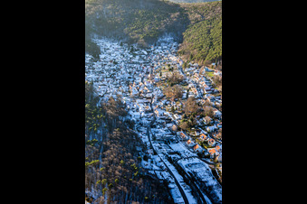 Oblique view of The Sleeping Beauty of the Palatinate in winter with snow in Dörrenbach in the state Rhineland-Palatinate, Germany