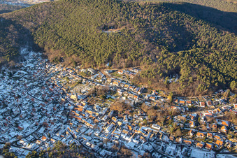The Sleeping Beauty of the Palatinate in winter with snow in Dörrenbach in the state Rhineland-Palatinate, Germany from above