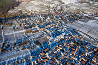 Aerial view of In winter with snow from the southwest in the district Rechtenbach in Schweigen-Rechtenbach in the state Rhineland-Palatinate, Germany