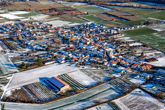 Aerial view of In winter with snow from the west in Schweighofen in the state Rhineland-Palatinate, Germany
