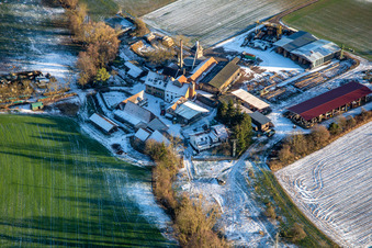 Aerial view of Holzwerk ORTH in the Schaidter Mill in winter with snow in the district Schaidt in Wörth am Rhein in the state Rhineland-Palatinate, Germany