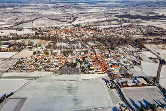 Aerial view of From the south in winter in the snow in the district Mühlhofen in Billigheim-Ingenheim in the state Rhineland-Palatinate, Germany