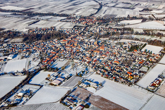 From the southeast in winter in the snow in the district Ingenheim in Billigheim-Ingenheim in the state Rhineland-Palatinate, Germany