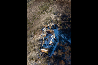 Aerial view of Runie Madenburg in winter with snow in Eschbach in the state Rhineland-Palatinate, Germany