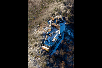 Aerial photograpy of Runie Madenburg in winter with snow in Eschbach in the state Rhineland-Palatinate, Germany