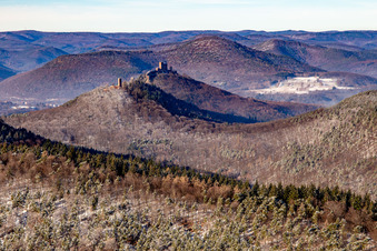Trifels Castle, Anebos and Scharfenberg castle ruins from the southeast in winter with snow in Leinsweiler in the state Rhineland-Palatinate, Germany