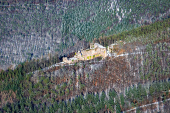 Aerial view of Neuscharfeneck castle ruins from the south in winter with snow in Flemlingen in the state Rhineland-Palatinate, Germany