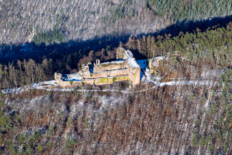Aerial photograpy of Neuscharfeneck castle ruins from the south in winter with snow in Flemlingen in the state Rhineland-Palatinate, Germany