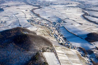 Aerial view of From the west in winter when there is snow in Ranschbach in the state Rhineland-Palatinate, Germany