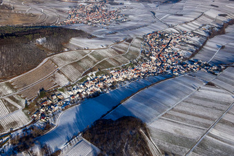 Aerial view of From the southwest in winter when there is snow in Ranschbach in the state Rhineland-Palatinate, Germany