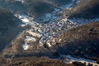 Aerial view of From the northeast in winter when there is snow in Waldhambach in the state Rhineland-Palatinate, Germany
