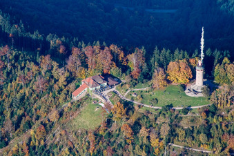 Aerial view of Structure of the observation tower Merkurturm in Baden-Baden in the state Baden-Wurttemberg