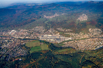 Aerial view of Mercedes Benz Plant Gaggenau, Daimler AG in Gaggenau in the state Baden-Wuerttemberg, Germany