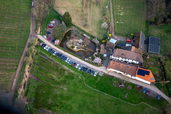 Oblique view of Country Restaurant Burrweiler Mühle am Modenbach in Burrweiler in the state Rhineland-Palatinate, Germany