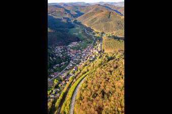 Aerial view of Course of the B10 over the Queichtal from the west in Wilgartswiesen in the state Rhineland-Palatinate, Germany