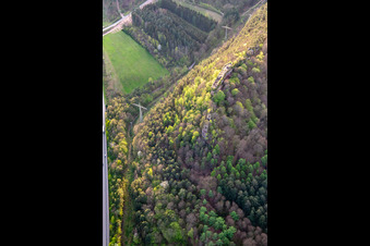 Aerial view of Falkenburg Castle Ruins in Wilgartswiesen in the state Rhineland-Palatinate, Germany