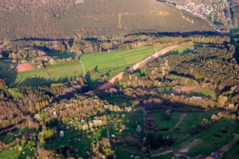 Aerial view of Corridor through the Palatinate Forest for the reconstruction of the 51 km section of the Trans-Europe Natural Gas Pipeline (TENP-III from the Netherlands to Switzerland) between Mittelbrunn and Klingenmünster in Spirkelbach in the state Rhineland-Palatinate, Germany