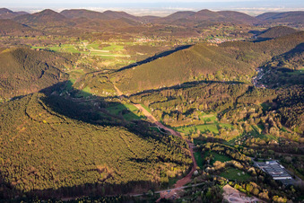Corridor through the Palatinate Forest for the reconstruction of the 51 km section of the Trans-Europe Natural Gas Pipeline (TENP-III from the Netherlands to Switzerland) between Mittelbrunn and Klingenmünster in Schwanheim in the state Rhineland-Palatinate, Germany seen from above