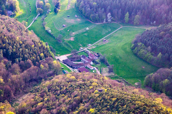 Aerial view of Organic Gasthof Bärenbrunnerhof in Oberschlettenbach in the state Rhineland-Palatinate, Germany