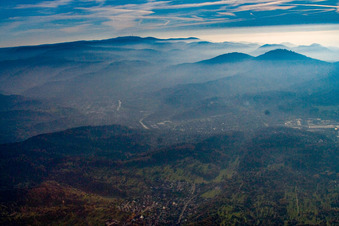 Oblique view of Evening mist over the Odenwald in Gaggenau in the state Baden-Wuerttemberg, Germany