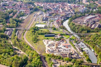 Train station and marina at lock 27 Saargemünd on the Saar Coal Canal "Canal des houillères de la Sarre" in Rémelfing in the state Moselle, France