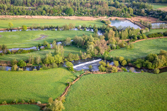 Aerial photograpy of Flood meadows of the Saar are the feeding ground for the storks in Willerwald in the state Moselle, France