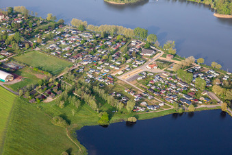 Aerial view of Camping Municipal Le Lac Vert at Hirschweyer in Mittersheim in the state Moselle, France