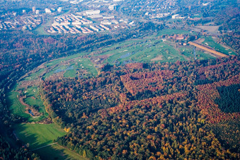 Aerial view of Hofgut Scheibenhardt, golf course in the district Beiertheim-Bulach in Karlsruhe in the state Baden-Wuerttemberg, Germany