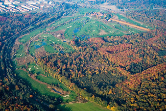 Aerial photograpy of Hofgut Scheibenhardt, golf course in the district Beiertheim-Bulach in Karlsruhe in the state Baden-Wuerttemberg, Germany
