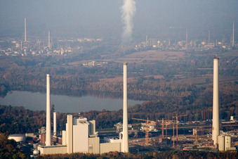Aerial view of EnBW power plant from the south in the district Daxlanden in Karlsruhe in the state Baden-Wuerttemberg, Germany