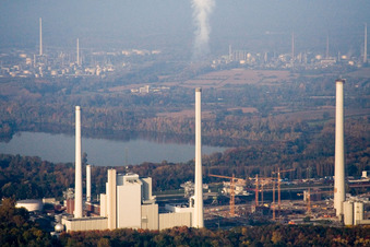 Aerial photograpy of EnBW power plant from the south in the district Daxlanden in Karlsruhe in the state Baden-Wuerttemberg, Germany