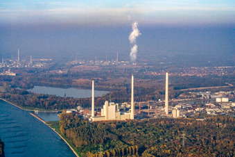 Oblique view of EnBW power plant from the south in the district Daxlanden in Karlsruhe in the state Baden-Wuerttemberg, Germany