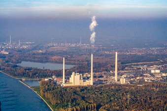 EnBW power plant from the south in the district Daxlanden in Karlsruhe in the state Baden-Wuerttemberg, Germany from above
