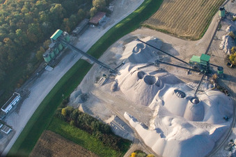 Gravel plant of WOLFF & MÜLLER Quarzsande at the quarry lake in Hagenbach in the state Rhineland-Palatinate, Germany out of the air