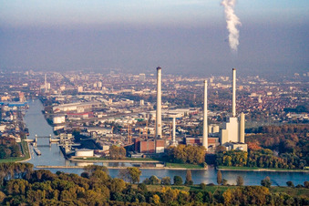 EnBW power plant from the west in the district Daxlanden in Karlsruhe in the state Baden-Wuerttemberg, Germany