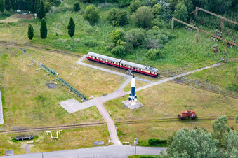V2 rocket and Peenemünder factory railway on the outdoor grounds of the Historical-Technical Museum Peenemünde on rocket construction in World War II in the former power plant in Peenemünde in the state Mecklenburg-Western Pomerania, Germany