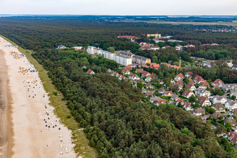 Beach and prefabricated buildings on Dünenstr in Karlshagen in the state Mecklenburg-Western Pomerania, Germany