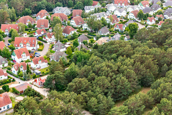 Thatched roof settlement of the holiday apartment Dünenresidenz in Karlshagen in the state Mecklenburg-Western Pomerania, Germany